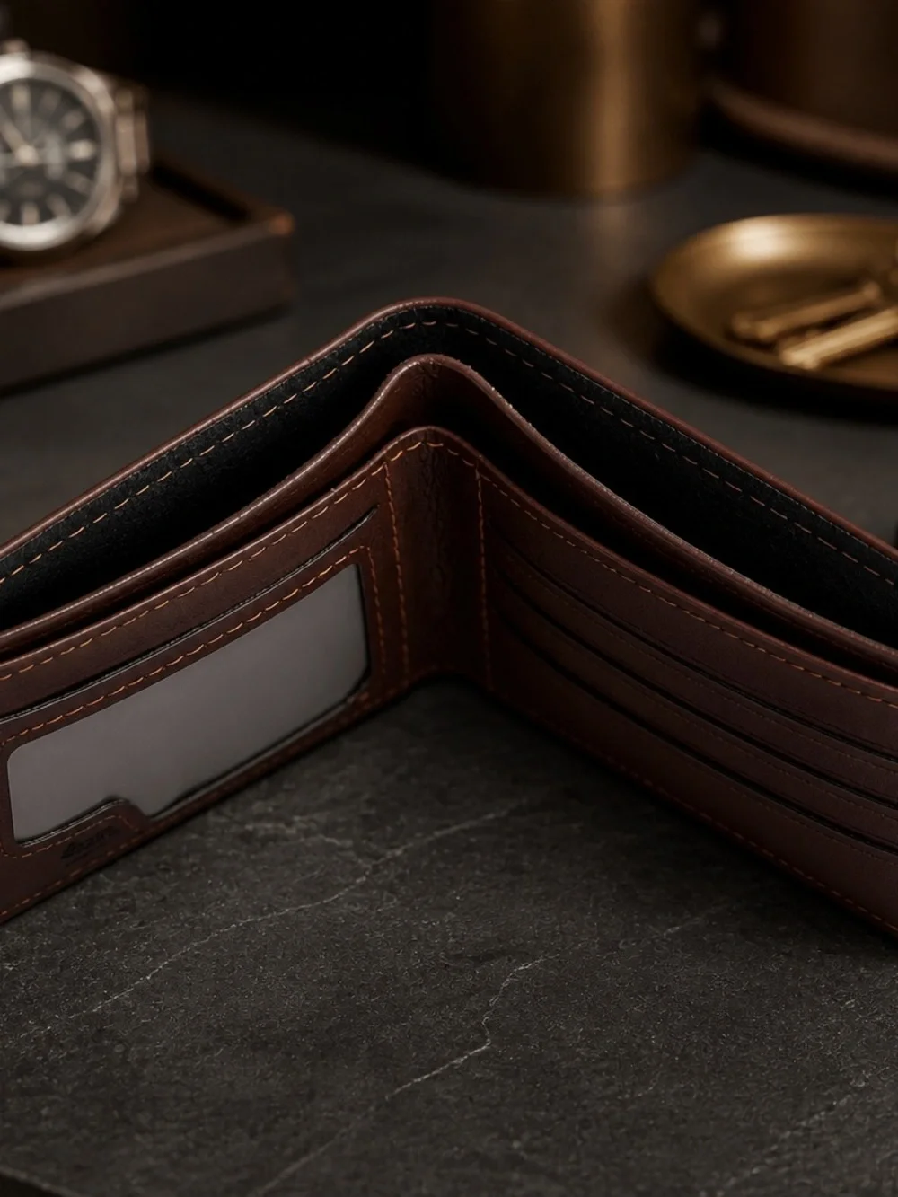 Men's Brown Leather Bifold Wallet with Tricolor Accent NWT